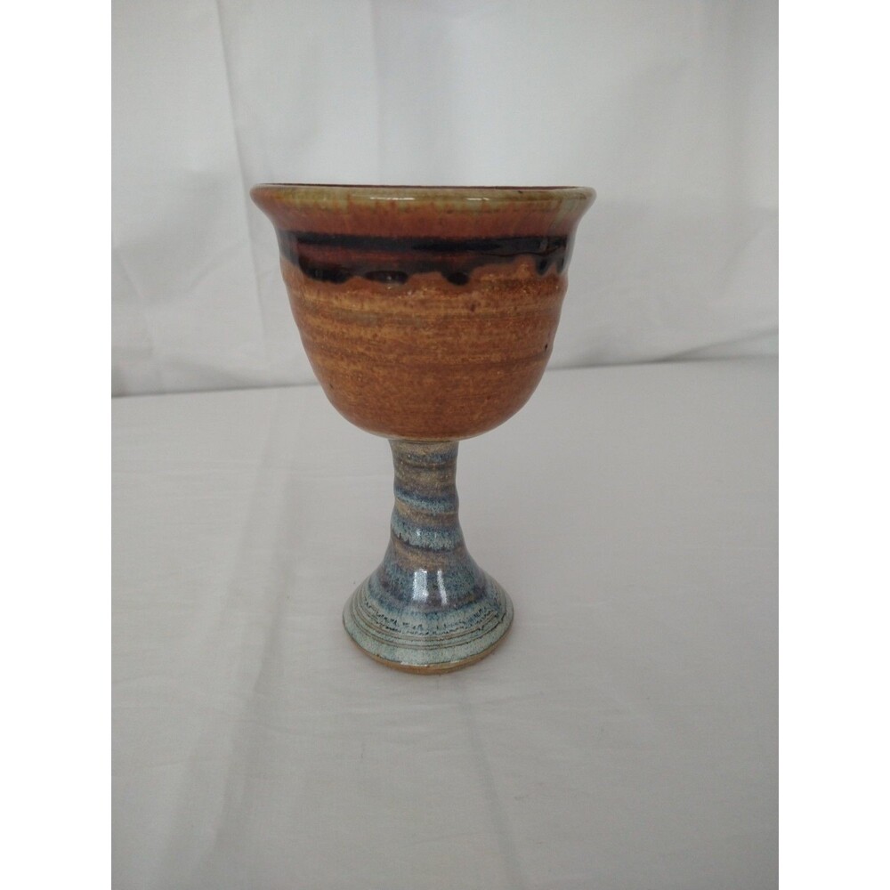 Artist Signed Studio Art Pottery Goblet Chalice Blue Brown Stoneware collectable